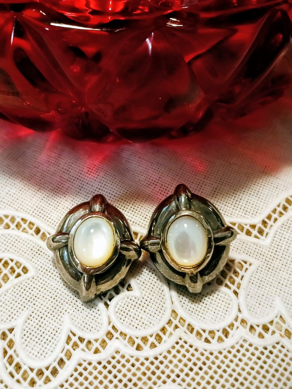 Vintage Sterling Silver 925 Moonstone White Pearl Earrings